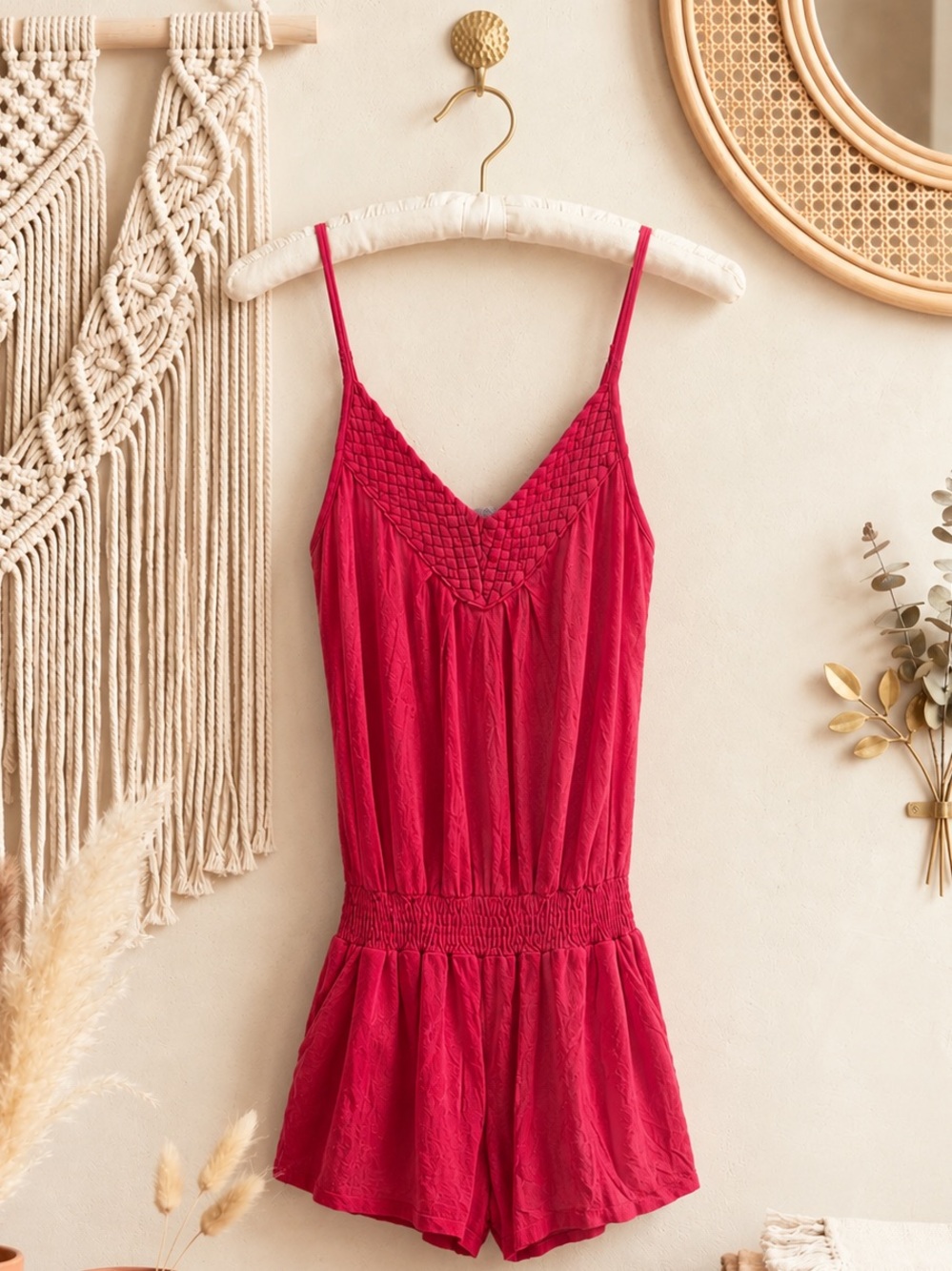 Lascana For Venus Braided V-Neck Red/Pink Romper with Smocked Waist